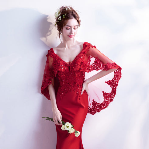Wine Red Mermaid V back Evening Gown with Lace Applique, Dark Red Evening Dresses